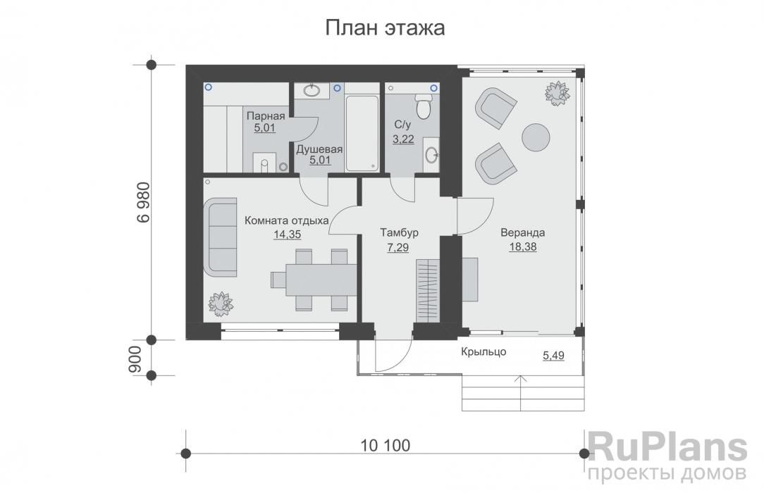 Баня с верандой и панорамным остеклением Rg6345 №8 Баня с верандой и панорамным остеклением Rg6345 №8
