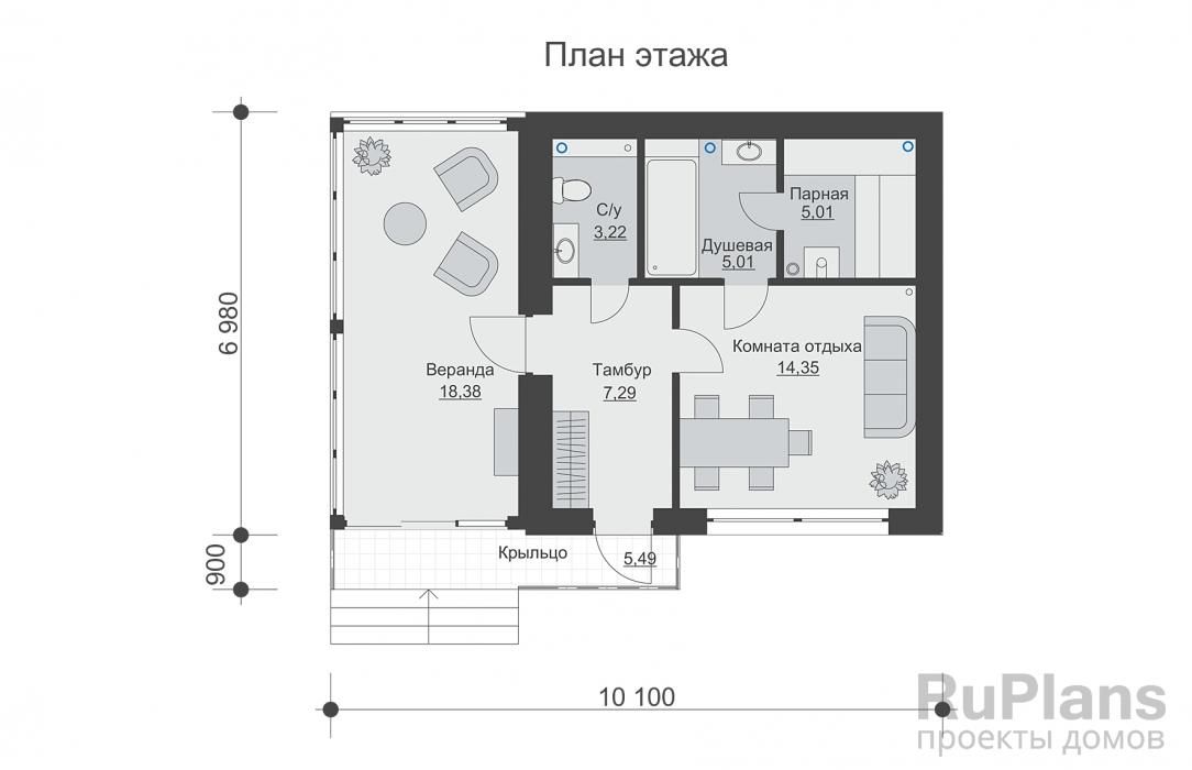 Баня с верандой и панорамным остеклением Rg6505 №8 Баня с верандой и панорамным остеклением Rg6505 №8