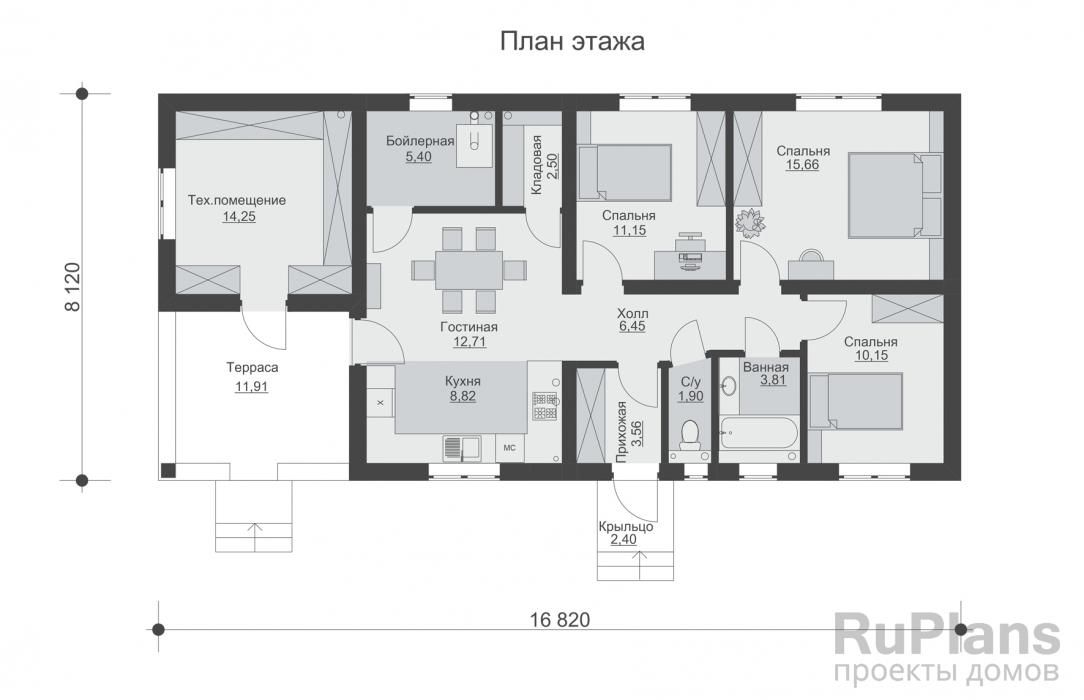 Одноэтажный дом с террасой и тремя спальнями Rg6476 №8 Одноэтажный дом с террасой и тремя спальнями Rg6476 №8