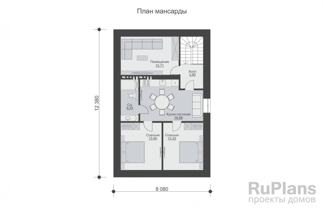 Эскизный проект одноэтажного гостевого дома с гаражом на два автомобиля и мансардой Rg4777 №9