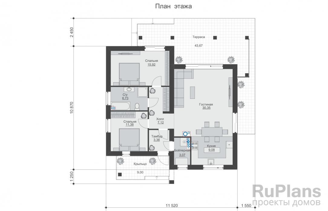 Одноэтажный дом с террасой и отделкой штукатуркой Rg6207 №8