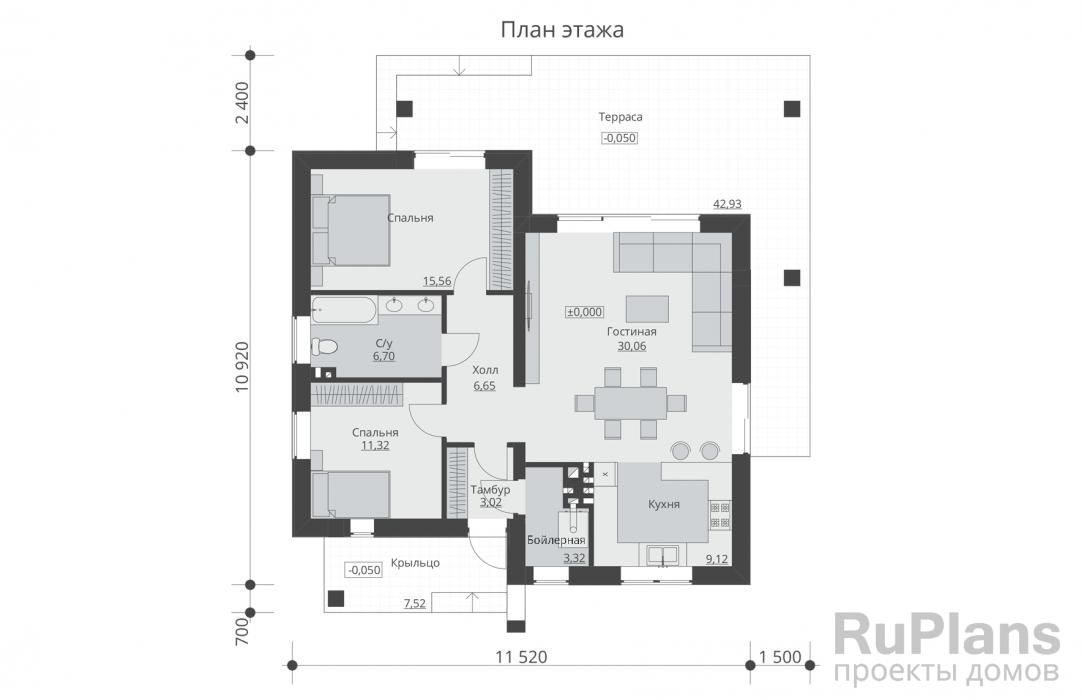 Проект одноэтажного жилого дома с террасой Rg5202 №8 Проект одноэтажного жилого дома с террасой Rg5202 №8