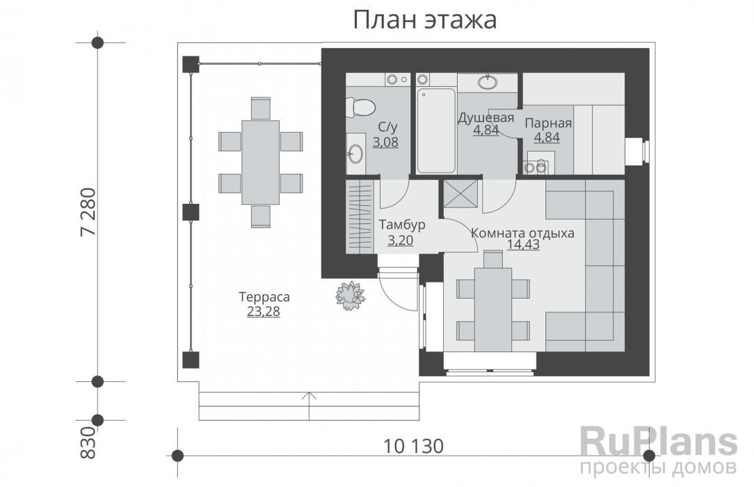 Баня с парной, душевой, комнатой отдыха и террасой Rg5606 №8 Баня с парной, душевой, комнатой отдыха и террасой Rg5606 №8