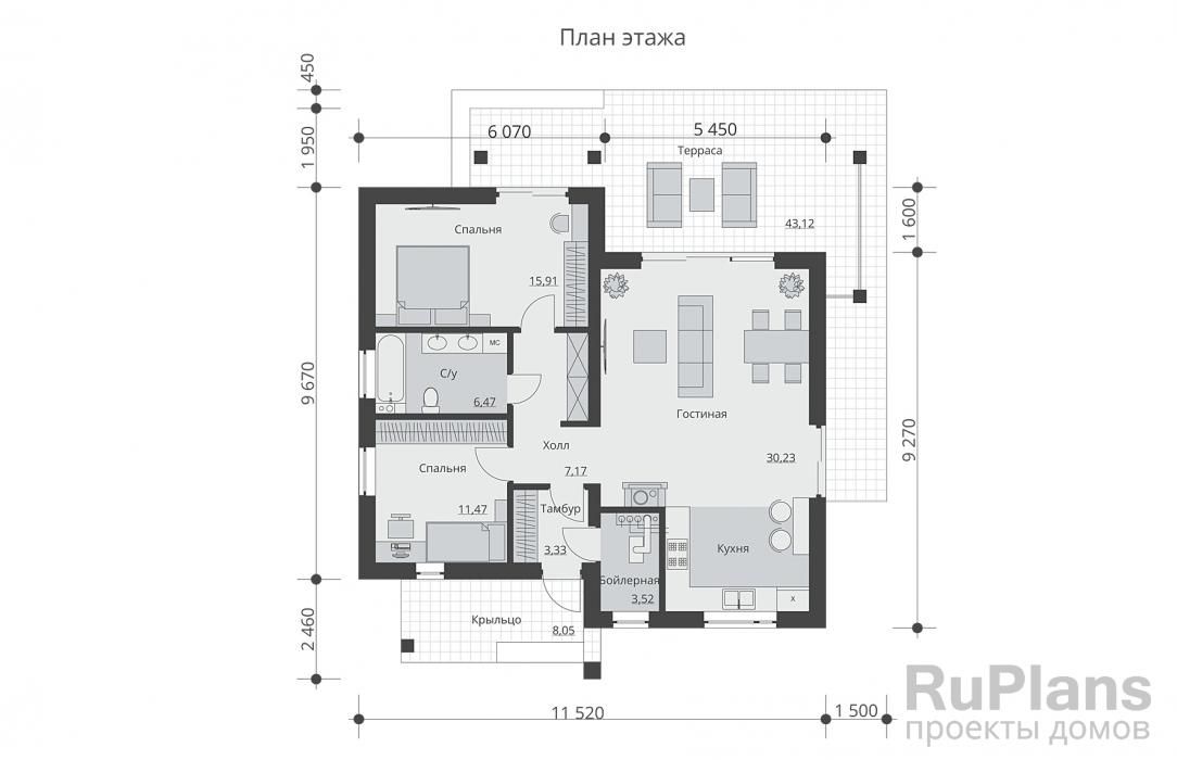 Современный одноэтажный дом с двумя спальнями, террасой и камином Rg6032 №8