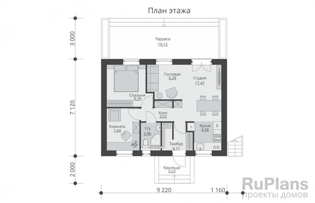 Одноэтажный жилой дом с террасой и эксплуатируемой кровлей Rg5456 №8 Одноэтажный жилой дом с террасой и эксплуатируемой кровлей Rg5456 №8