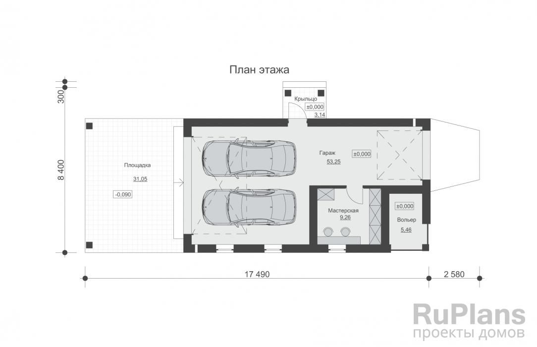 Гараж на два автомобиля с мастерской и навесом Rg6470 №8